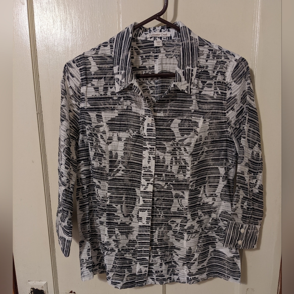 Coldwater Creek sheer black and white patterned blouse